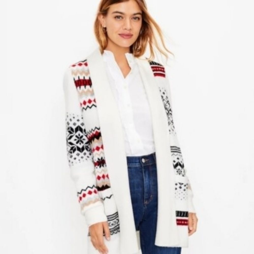 {LOFT} Fair Isle Patterned Cardigan - White and Red - Size XL
